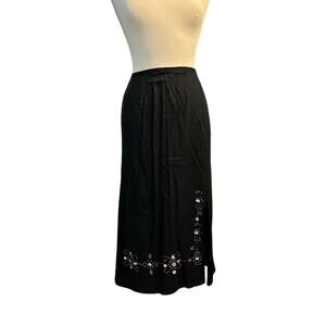 Requirements Linen Blend Black Midi Skirt Embroidered Details Beaded Design O3